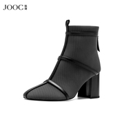 jooc玖诗圆头粗跟短筒靴女秋冬设计师，时尚绑带高跟时装短靴