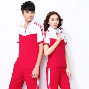 时尚女士广场舞大码短袖红色运动套装南韩丝透气速干半袖休闲运动