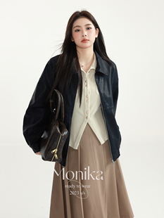 摩妮卡大码长袖韩版翻领，皮衣秋季女装胖mm宽松夹克开衫外套