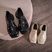 2023铆钉厚底鞋女系带黑色米白小皮鞋圆头粗跟英伦风铆钉单鞋