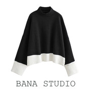 BANA外贸港风设计感高领毛衣女冬季外穿加厚黑白蝙蝠袖短款针织衫