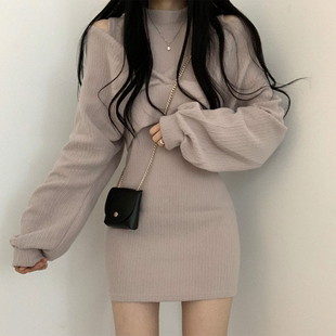 韩国chic气质性感立领无袖，修身包臀连衣裙，+露肩扭结灯笼袖外套女