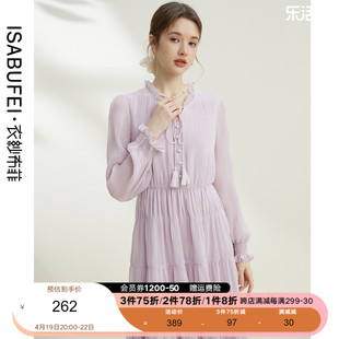 衣纱布菲湖杉甜美雪纺连衣裙，2024女春季蝴蝶结，褶皱紫色蛋糕裙