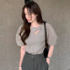 韩国chic夏季气质简约圆领镂空纽扣，设计宽松百搭泡泡袖衬衫上衣女