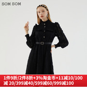 SOMSOM/索玛女装高端复古蕾丝连衣裙女长袖冬季收腰显瘦中长款裙