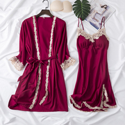 性感睡衣女春秋冰丝薄款吊带，睡裙睡袍两件套带胸垫新娘晨袍红色