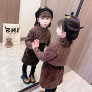 2023女童时尚套装冬季儿童冬装韩版小童毛衣披肩灯芯绒三件套