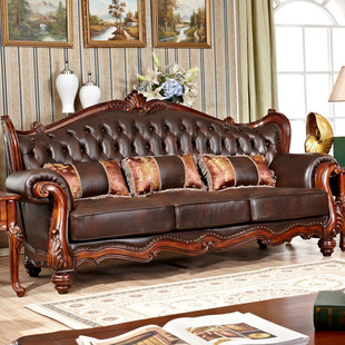 美式实木真皮沙发客厅，复古皮艺沙发组合别墅雕花，沙发欧式奢华家具