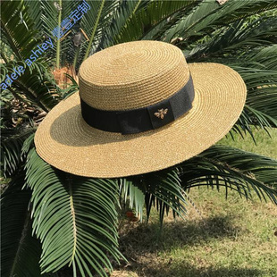 金丝平顶草帽女夏天英伦礼帽女士出游海边防晒遮阳帽沙滩帽子