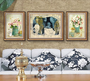 印花dmc线十字绣客厅卧室，三联画欧式美式挂画大象吉祥到家
