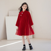 女童旗袍裙子秋冬季加厚大红色本命年过龙年2024中国风唐装拜年服
