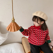 2023冬儿童红色，过年圣诞高领毛衣韩版女童拼色套头针织衫线衣