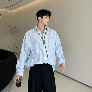 夏季韩风休闲肌理感清爽不规则蓝条纹衬衫男长袖，设计感垂感衬衣潮
