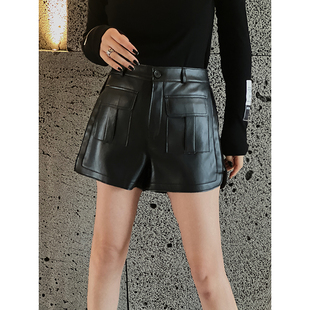蛋爷法式黑色皮裤女春设计感小众不对称高腰，显瘦仿制皮短裤