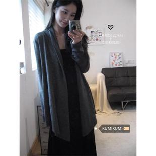 kumikumi灰色长袖针织开衫外套，女2024早春气质中长款宽松显瘦上衣
