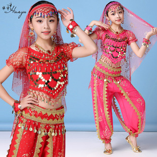 时尚舞蹈新疆民族儿童短袖，表演服装印度舞演出服，亮片舞蹈女童套装