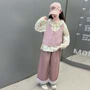 女童春装套装2025新款中大儿童洋气甜美学院风衬衫马甲裤子三件套