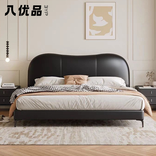 意式轻奢黑色真皮床现代家用主卧床网红双人床，小户型高箱储物软床