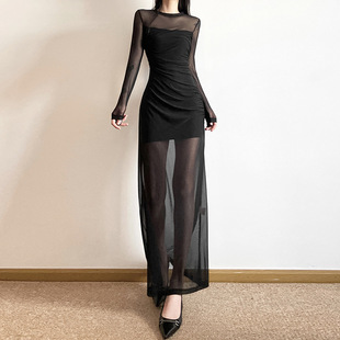 法式简约网纱压褶拼接修身裙，春夏假两件设计感黑色显瘦连衣裙