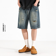 ceecuz破洞做旧直筒牛仔短裤，男款夏季美式潮流宽松阔腿五分裤