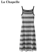拉夏贝尔/La Chapelle春季2024条纹针织一字领吊带无袖连衣裙