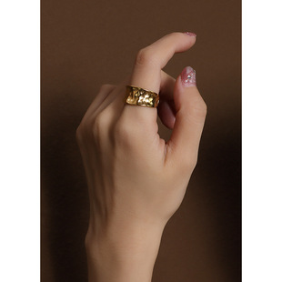 日韩时光印记凹凸不平手工戒指开口设计感钛钢18K金指环瑞丽商务