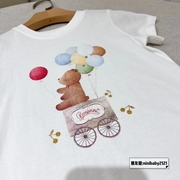 女童夏季 儿童可爱糖果色小熊气球印花白色纯棉圆领短袖T恤