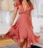欧美风夏季V领桔色镂空绑带不规则荷叶袖中长款连衣裙DRESS