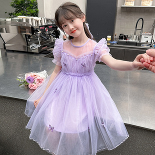 女童连衣裙夏装韩版超洋气，纱裙中大童裙子夏季时尚紫色儿童公主裙