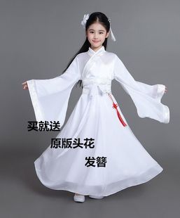 儿童古装仙女演出服雪纺公主，裙白色小龙女唐装汉服，女童古筝贵妃服