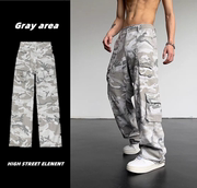 秋季灰色迷彩工装裤男女，hiphop美式高街多口袋，宽松直筒长裤