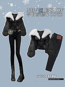小个子黑色棉服外套冬季2023时尚套装设计感显瘦牛仔裤两件套