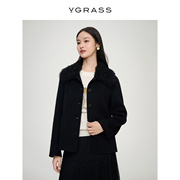VGRASS洋气黑色拼接毛领气质毛呢短外套女冬季高级感羊毛羊绒