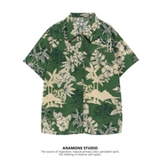 高品质绿色夏威夷印花衬衫，女夏季小众宽松港风设计感短袖雪纺上衣