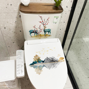 马桶装饰墙贴纸中国风轻奢卫生间浴室厕所防水创意山水贴画自粘