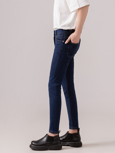 时尚高弹性(高弹性)深色紧身牛仔裤，男蓝色修身小脚铅笔裤长裤