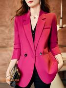玫红色外套小西装，女气质高级感秋冬洋气，小个子西服中长款套装