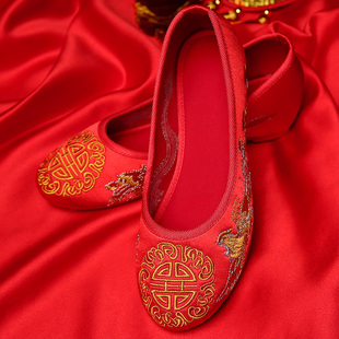 中式新娘鞋秀禾鞋婚鞋绣花内增高粗高跟流苏复古龙凤鞋红色绣花鞋