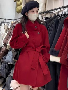 秋冬过年红色羊绒大衣女，短款小个子系带立领双面，羊毛呢外套厚