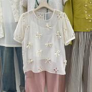 2024夏季蝴蝶结镂空刺绣花朵，泡泡袖衬衫，内搭吊带背心两件套装