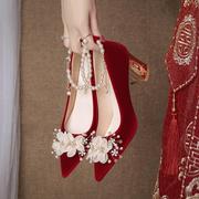 2024春夏婚鞋女粗跟红色新娘鞋，上轿鞋中跟婚礼，礼服鞋不累脚带绑带