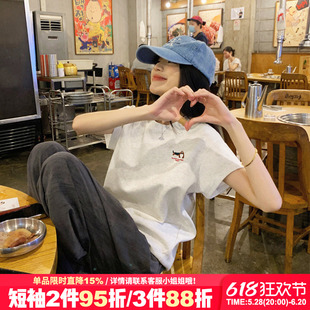 韩系简约风纯棉百搭花灰色短袖t恤女小众超火宽松打底衫半袖上衣