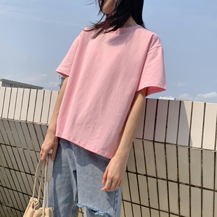 粉色t恤女宽松学生甜美韩版夏季棉质原宿风纯色内搭短袖体恤上衣