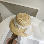 珍珠大帽檐草帽女夏天法式赫本风网纱飘带草编，帽子沙滩帽婚纱礼帽