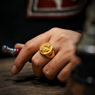 狮子戒指金色复古时尚，欧美高档手工雕刻定制