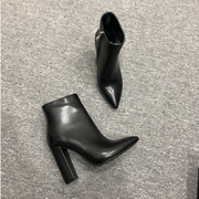 定制2023秋冬黑色牛皮短靴，尖头粗跟祼靴全真皮高跟女靴时装靴