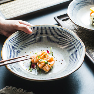 日式和风手绘陶瓷餐具蓝线深汤盘菜盘水果沙拉盘陶瓷浅碗汤面碗