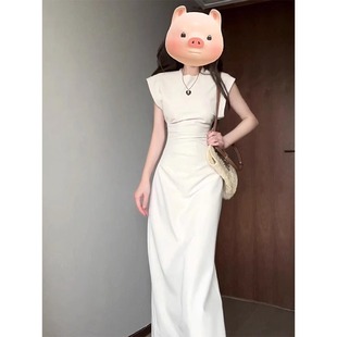 法式收腰短袖米白色连衣裙，女2024夏季设计感小个子，御姐风气质长裙