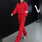 红色长袖卫衣运动套装女春秋季设计感休闲宽松直筒裤俩件套潮