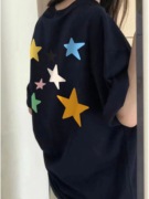 藏蓝色星星短袖t恤女2023夏美式(夏美式)复古高街设计感小众潮牌上衣